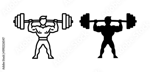 Strong Bodybuilder Lifting Heavy Barbell Icon Set