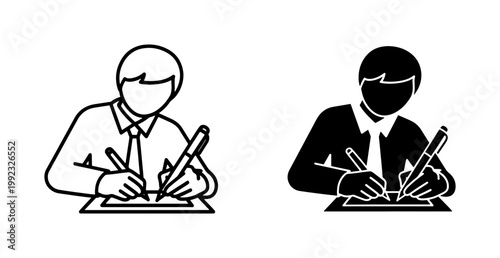 Businessman writing on paper with pen icon set