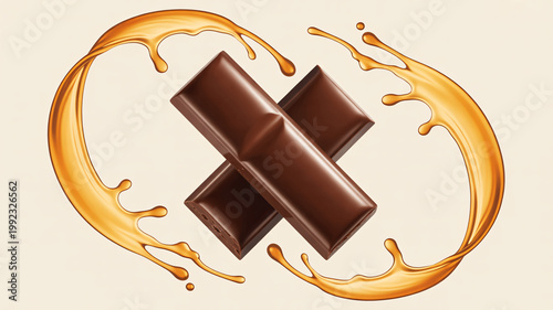 A delicious chocolate bar surrounded by caramel sauce on a creamy background