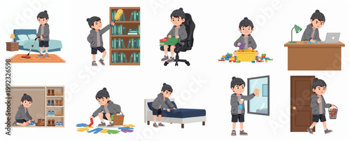 Set of illustrations featuring a boy doing various household chores and cleaning activities at home