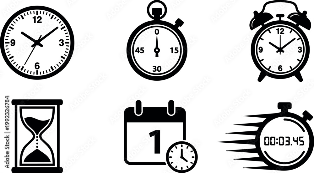 Fototapeta premium Black and white icons of round clock stopwatch alarm clock calendar hourglass timer
