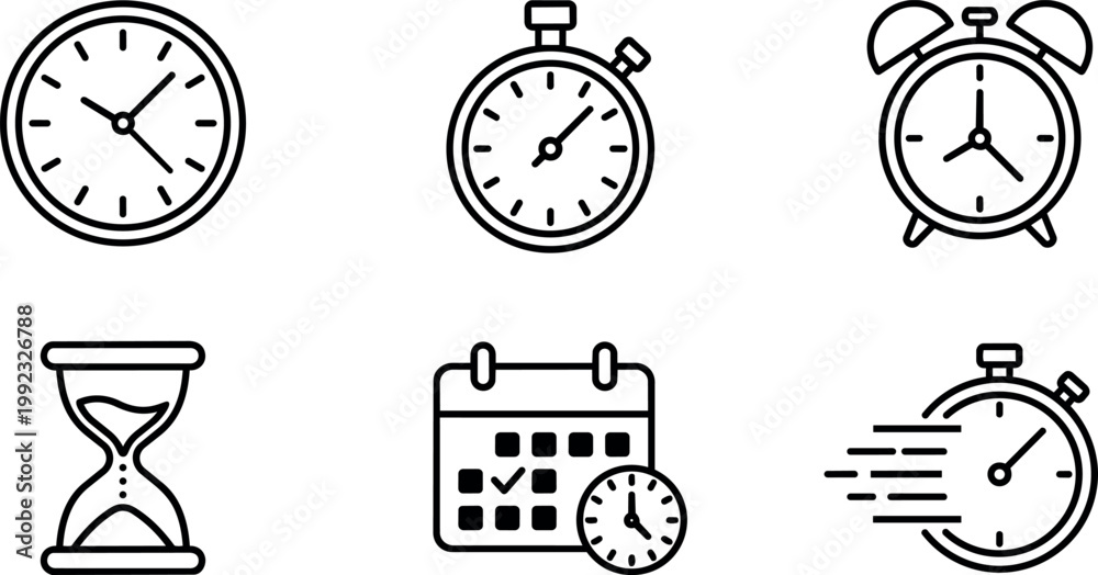Fototapeta premium Black and white line art clock timer alarm calendar and hourglass icons set