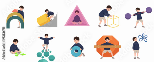 Set of Illustrations Featuring a Boy Interacting with Various Geometric Shapes and Mathematical Concepts