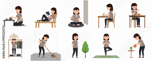 Vector illustration set of a young woman engaged in daily life activities, mindfulness, self-care, and household chores