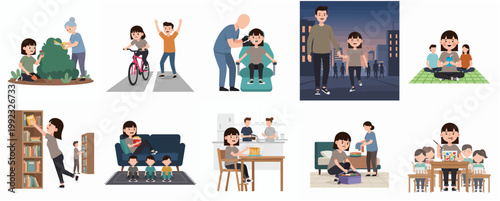 Flat vector illustration set of a young girl's daily activities and life experiences with family and friends