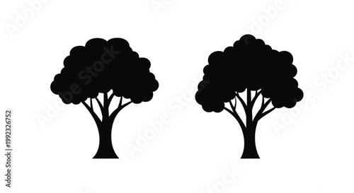 Two dark trees with rounded canopies against a white background silhouette