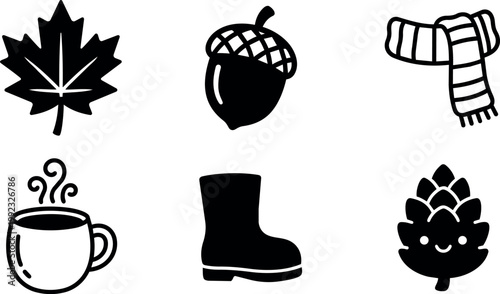 Black and white autumn leaf acorn scarf coffee cup boot and pinecone icons