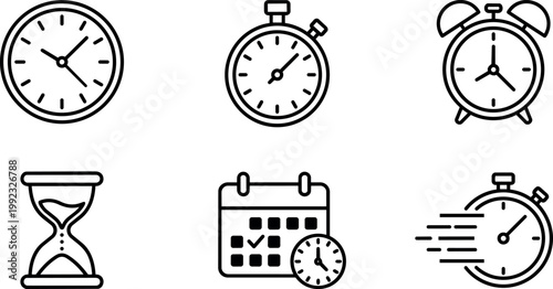 Black and white line art clock timer alarm calendar and hourglass icons set