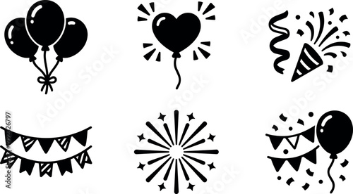 Black and white party icons with balloons confetti and fireworks vector art