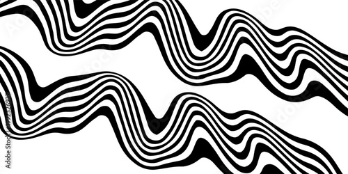 Black on white abstract perspective line wave stripes with 3d dimensional effect isolated on white.