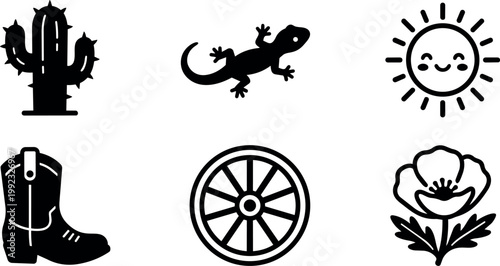 Black and white western cactus lizard sun boot wagon wheel and poppy flower icons