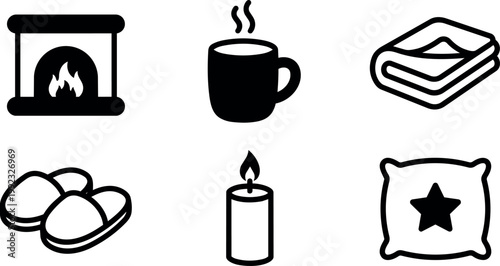 Black and white line art icons of fireplace coffee blanket slippers candle and pillow