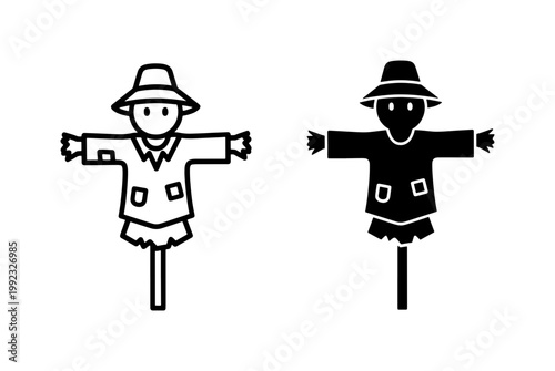 Tablou pe pânză Scarecrow line and silhouette icon set for farm garden