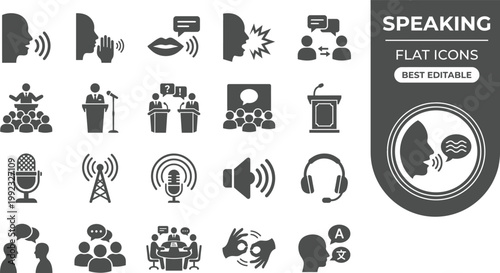 Speaking Solid Icon Set Public Speaking, Communication, Voice, Talk, Presentation, Language, Podcast, Discussion, Interview Professional Vector Set Editable