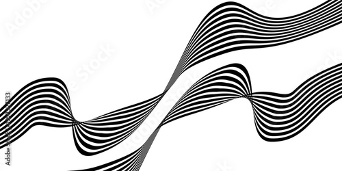 Black on white abstract perspective line wave stripes with 3d dimensional effect isolated on white.