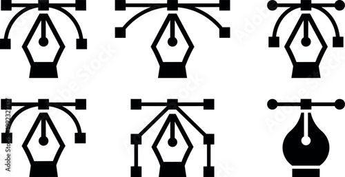 Black vector pen nib icons with anchor points in flat design