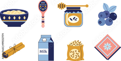 Healthy Oatmeal Breakfast Vector Icon Set with Porridge Bowl, Honey Jar, Blueberries, Milk Carton, Cinnamon Sticks, and Traditional Decorative Spoon for Kitchen Branding