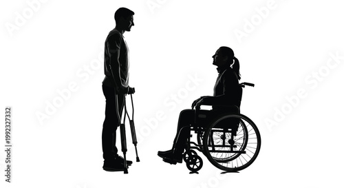 Man standing with metal crutches talking to a woman sitting in a modern rolling manual wheelchair daily
