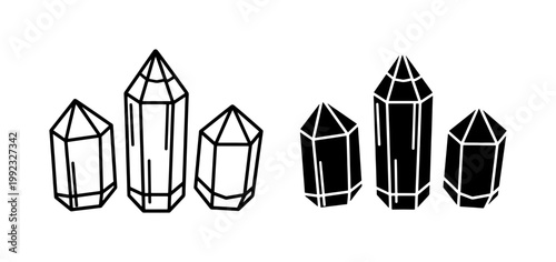 Crystal Quartz Mineral Outline and Silhouette Vector Icons