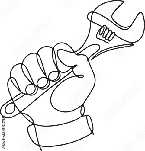 Hand Holding Adjustable Wrench One Line Art Vector Icon for Repair Maintenance and Mechanical Service Concepts