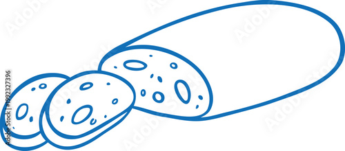 Bread with slices blue line art, vector tasty bakery pastry, loaf of wheat bread, baked food baguette, fresh ruddy toast