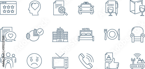 Hospitality travel service icons, hotel accommodation dining graphics, customer experience feedback symbols, communication telephone television design, global tourism illustration