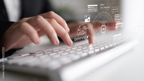 Tableau sur toile A close-up view of a person typing on a keyboard with a virtual interface showcasing AI elements, representing the fusion of technology and communication in a modern workspace
