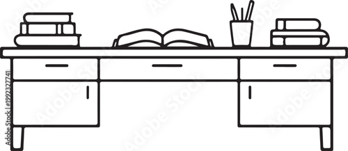 Minimal Line Art Reading Table with Books Vector Illustration for Study Workspace Library and Education Concept