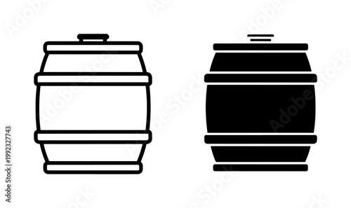 Wooden Beer Barrel Outline and Silhouette Icon Set