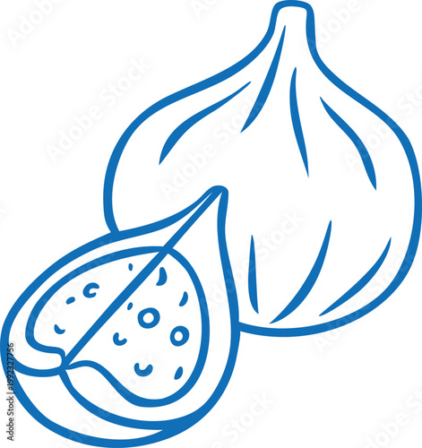 Fresh fig fruit with seeds blue line art vector icon, sweet ripe tropical exotic fruit, snack dessert Mediterranean menu