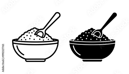 Bowl of Rice with Spoon Outline and Solid Icon Set