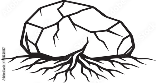 Cracked Stone with Sprouting Roots Minimal Line Art Vector Symbolizing Growth Strength and Nature Concept