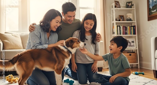Diverse family adopting rescue dog at home, happy lifestyle scene, inclusivity, pet adoption concept, natural light photography