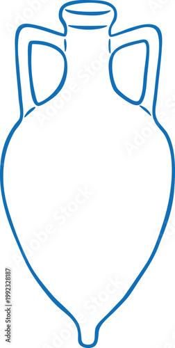 Ancient Greece amphora blue line art, old clay vase with handles, vintage pitcher pottery vector hand drawn silhouette
