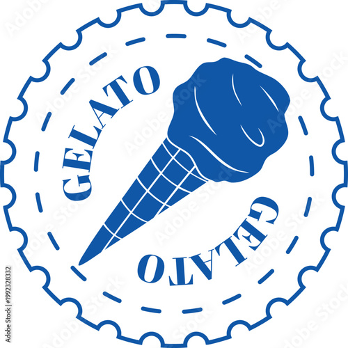 Gelato ice cream in wafer cone blue line art on round sticker stamp with wavy edges, vector soft serve Sundae swirl