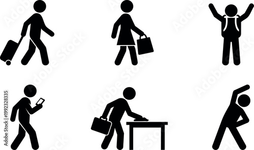 Black and white vector icons showing people walking with luggage shopping and stretching