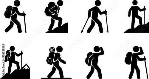 Black hiking silhouette icons with backpacks and walking sticks climbing and trekking