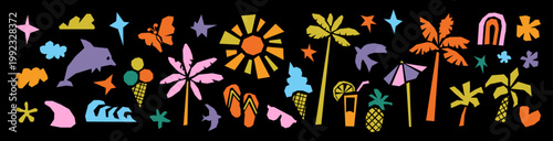 Summer beach sticker set. Sun, sea, tropical vacation doodle icons. Retro groovy 70s palm tree, sunglasses, surf, wave. Cute fun vector scrapbook pineapple, dolphin, umbrella, rainbow icons