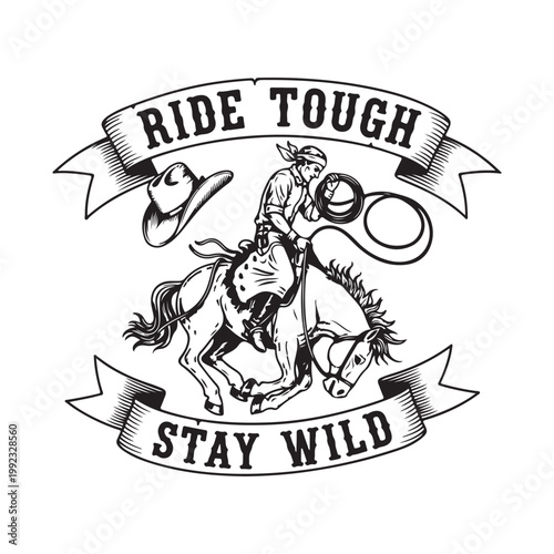 Cowboy riding bucking horse with rope and hat isolated on white background