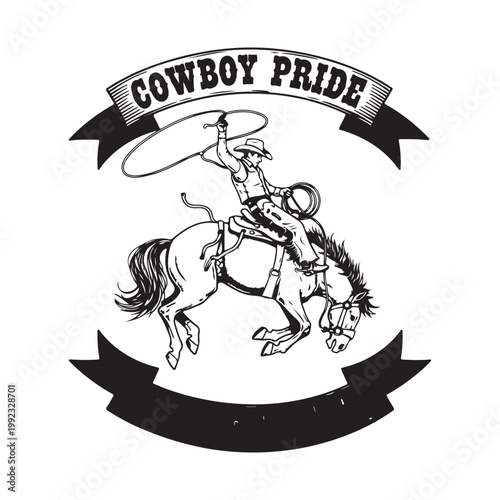 Cowboy riding a bucking horse with a lasso isolated on white background