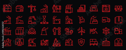 Factories web icons in line style. Production, technology, factory, industry power, manufacture. Vector illustration.