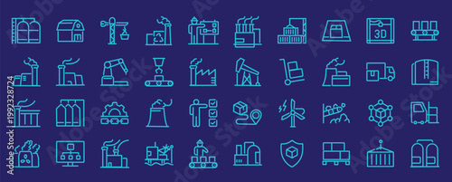 Factories web icons in line style. Production, technology, factory, industry power, manufacture. Vector illustration.