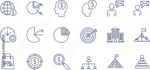 Business finance global icons, organizational chart success graphics, investment growth analysis symbols, communication productivity collaboration design, leadership achievement illustration