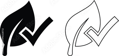 Fotografie Vector icon set features a natural leaf with a checkmark in black silhouette and outline styles, representing certified organic, eco friendly, and sustainable environmental products