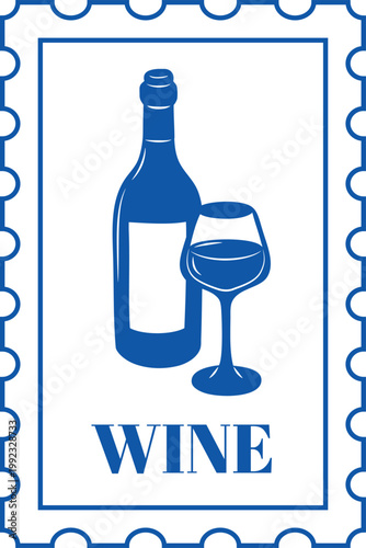 Glass and bottle of wine blue line art on vector postage stamp with wavy edges, alcohol beverage, cabernet wineglass