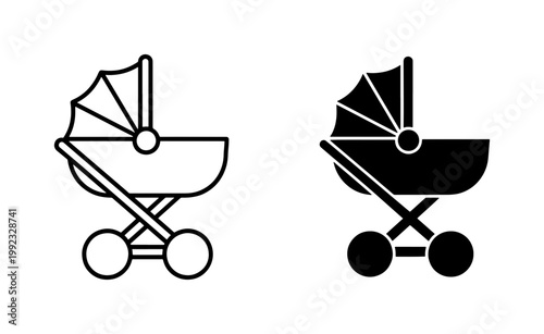 Baby stroller line and solid black icon set