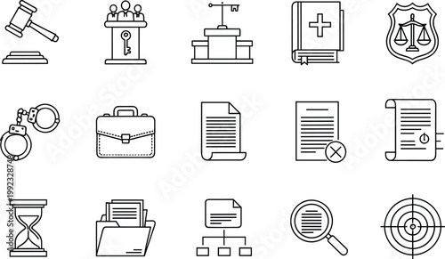 Law justice legal icons, courthouse judge gavel graphics, scales shield handshake symbols, professional document analysis design, judicial system illustration