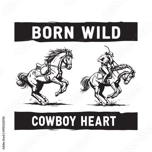 Born wild cowboy heart with two horses and riders isolated on white background