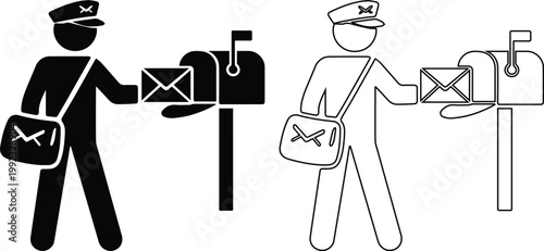 Postman silhouette and outline icon set showing a mail carrier delivering a letter envelope into a postbox for postal service, communication, and courier delivery.