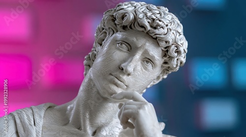 classical marble statue portrait with thoughtful expression against a vibrant neon background, blending ancient art and modern design